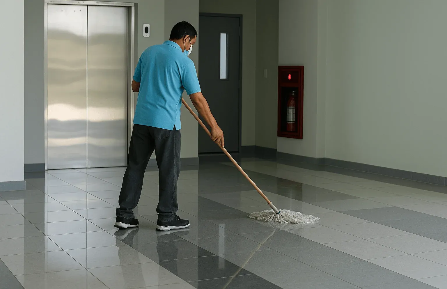 Auxiliar de aseo CleanBag limpiando el pasillo de un edificio